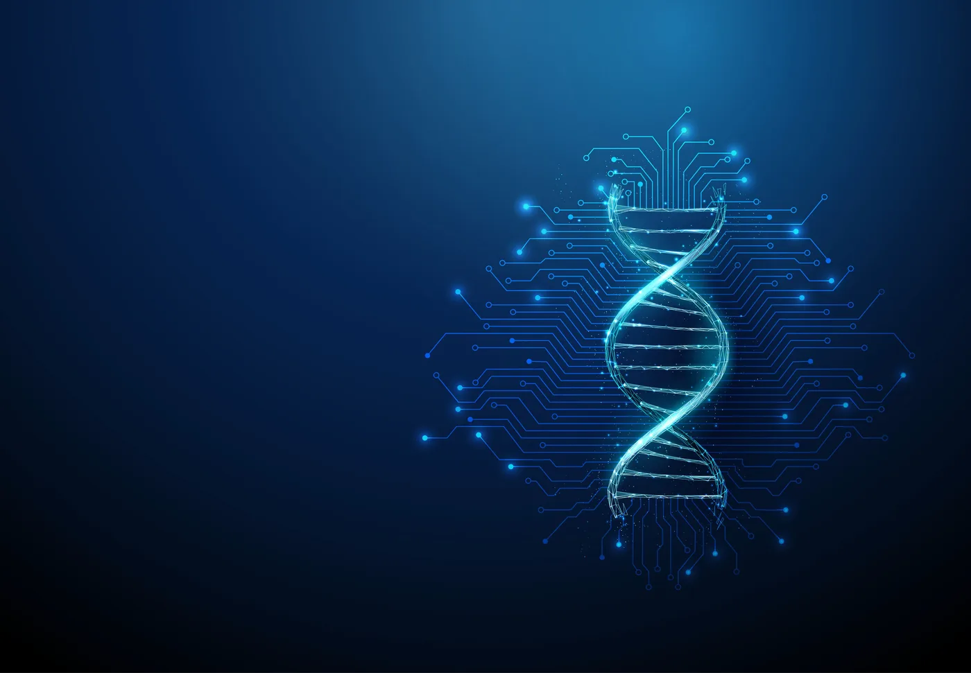 Futuristischer DNA-Strang mit elektronischen Schaltlinien Hintergrund Gentechnik