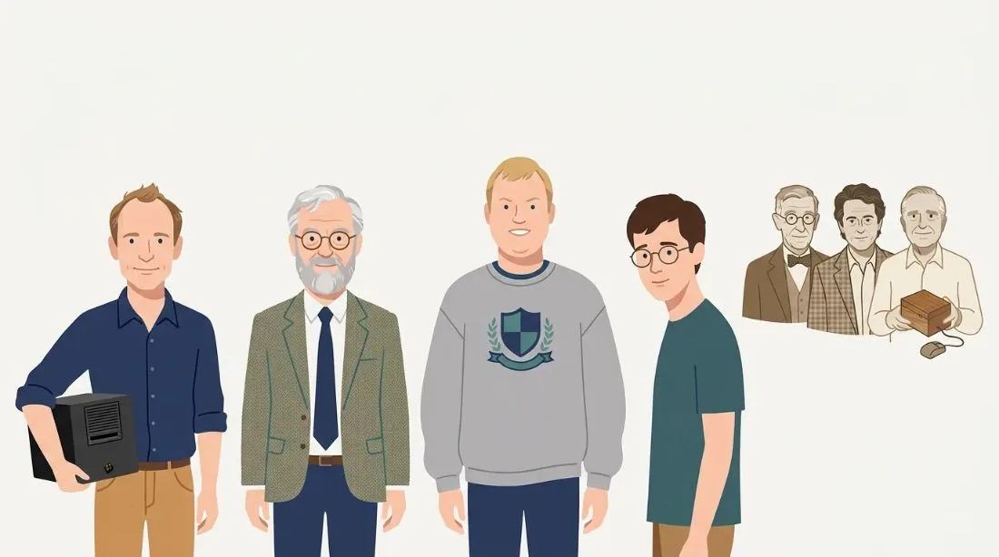 Illustration: Tim Berners-Lee mit dem NeXT-Rechner, Robert Cailliau, Marc Andreessen und Eric Bina Illustration: Tim Berners-Lee mit dem NeXT-Rechner, Robert Cailliau, Marc Andreessen und Eric Bina