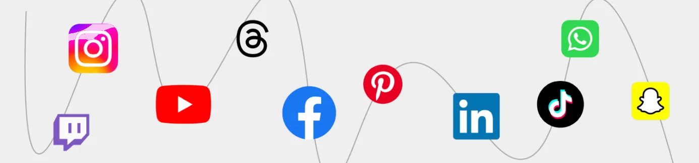 Logos von Instagram, Twitch, YouTube, Threads, Facebook, Pinterest, LinkedIn, TikTok