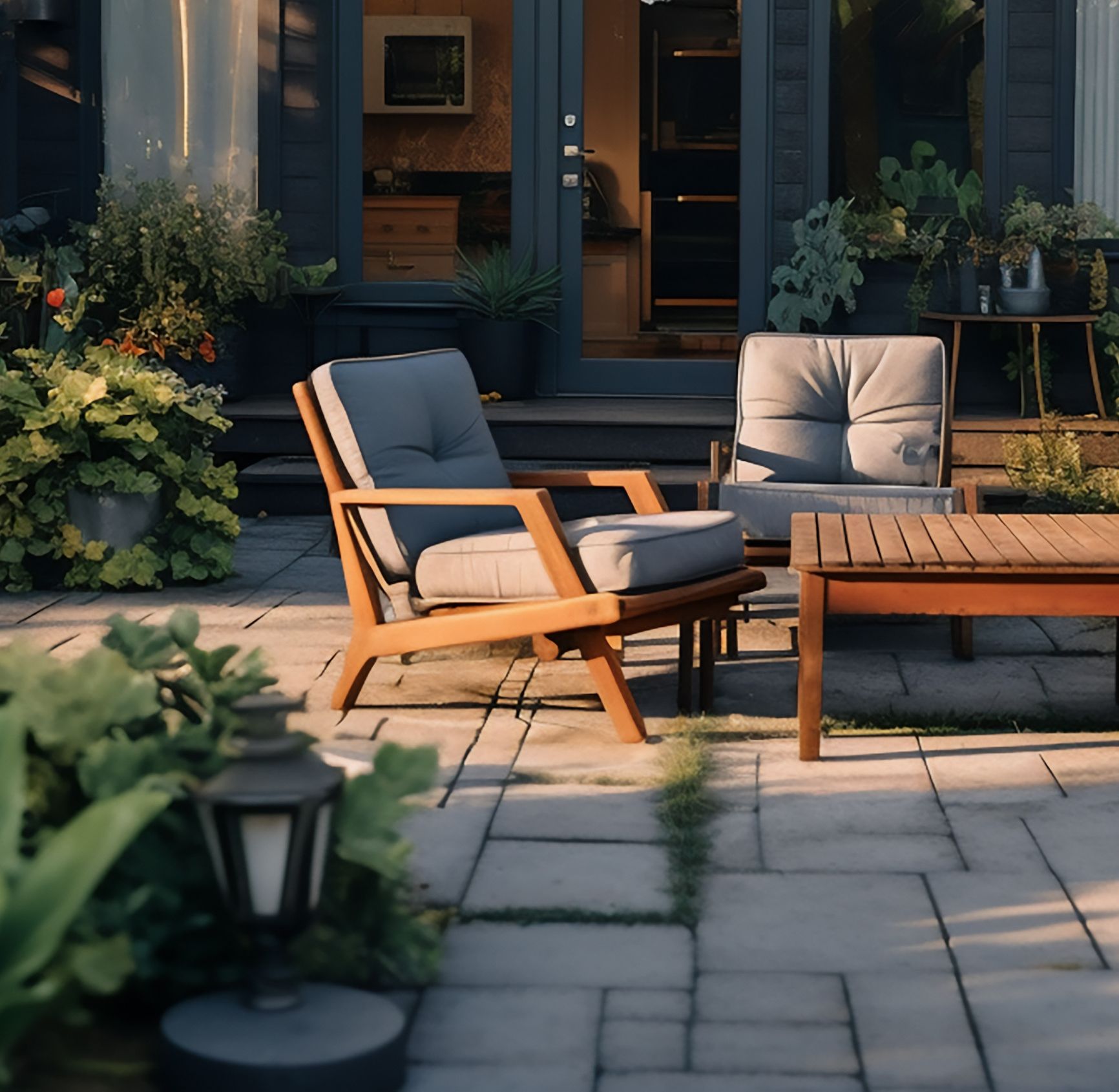 Holzmöbel auf Terrasse – Liegestühle und Tisch im Garten von Garten und Freizeit