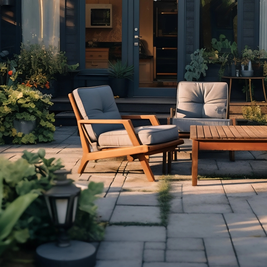 Projekt Garten und Freizeit: Zwei Holzstühle mit Kissen stehen auf einer Terrasse