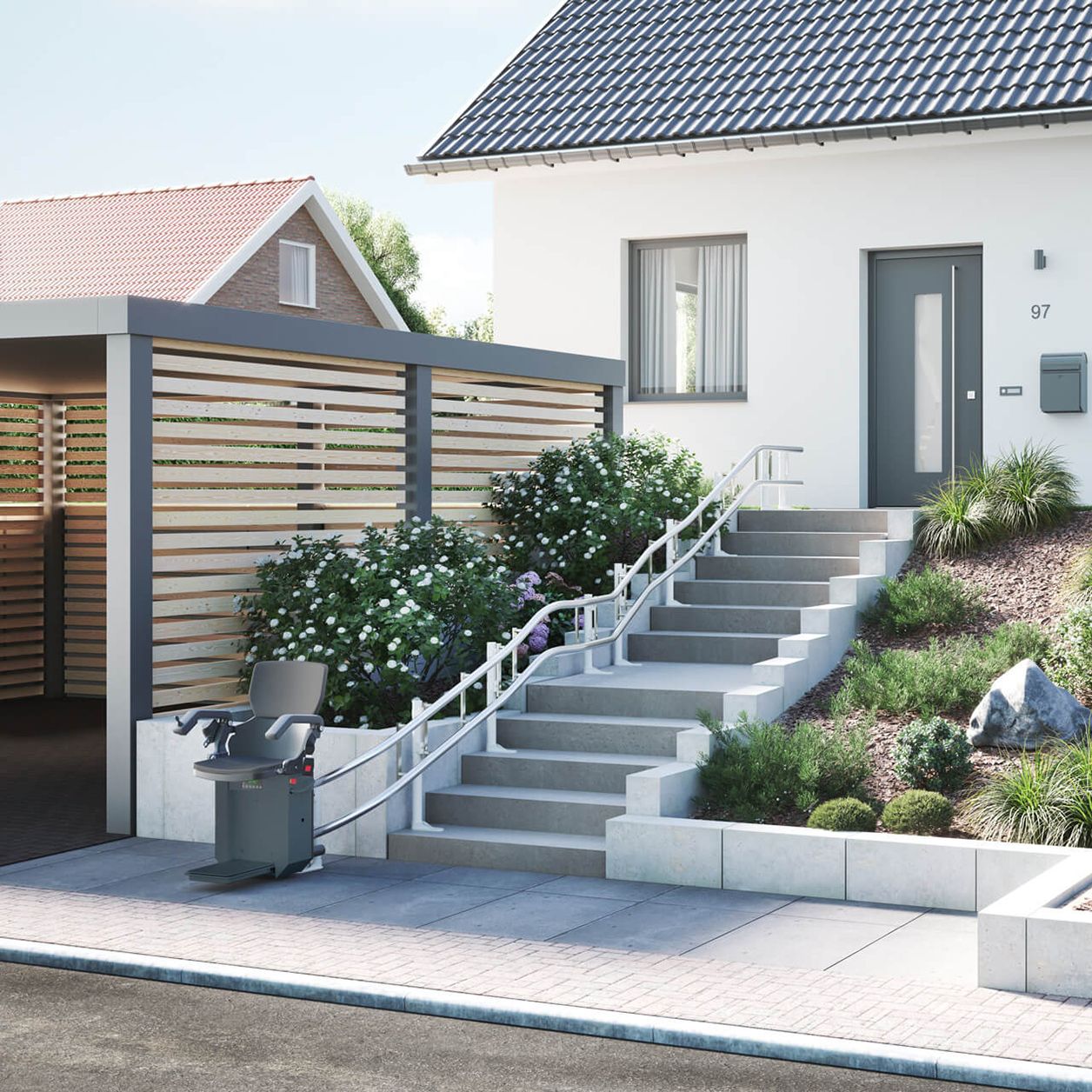 Modernes Einfamilienhaus mit weisser Fassade und Gartentreppe – hiro
