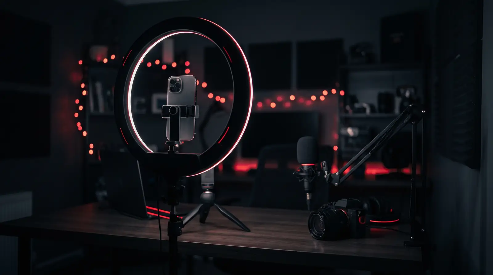 Kleines Creator-Studio bei Nacht mit Smartphone auf Stativ vor einem Ringlicht, Mikrofon und Kamera auf dem Tisch