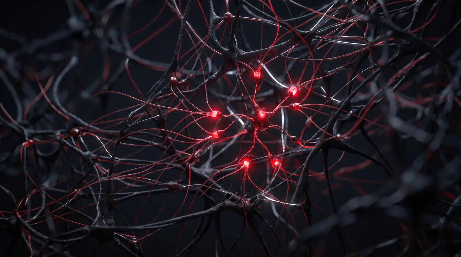 Abstraktes neuronales Netz aus feinen leuchtenden Fäden, einzelne Knoten leuchten rot auf