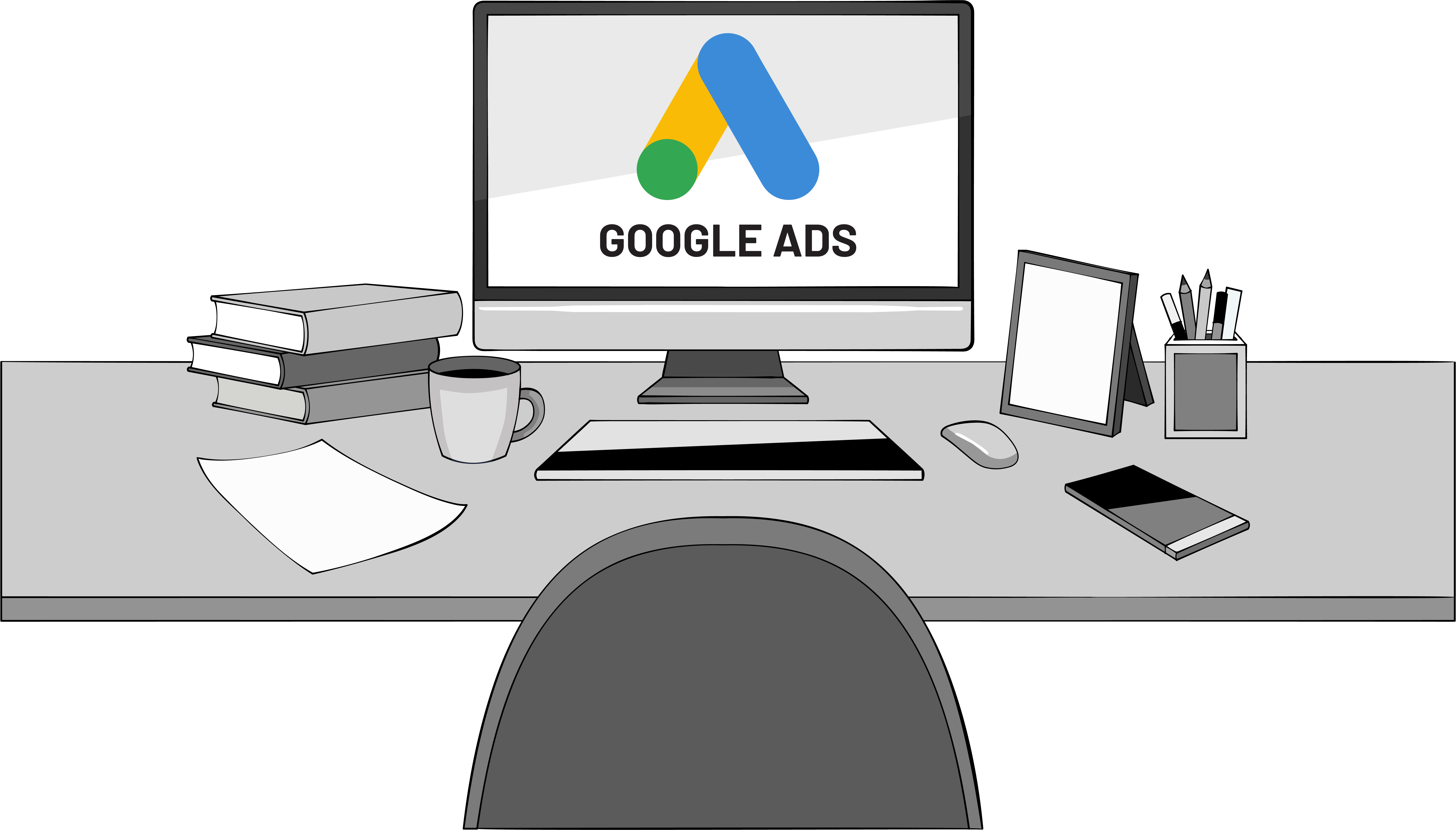 Google Display Anzeige Schreibitsch mit PC darüber Google Ads