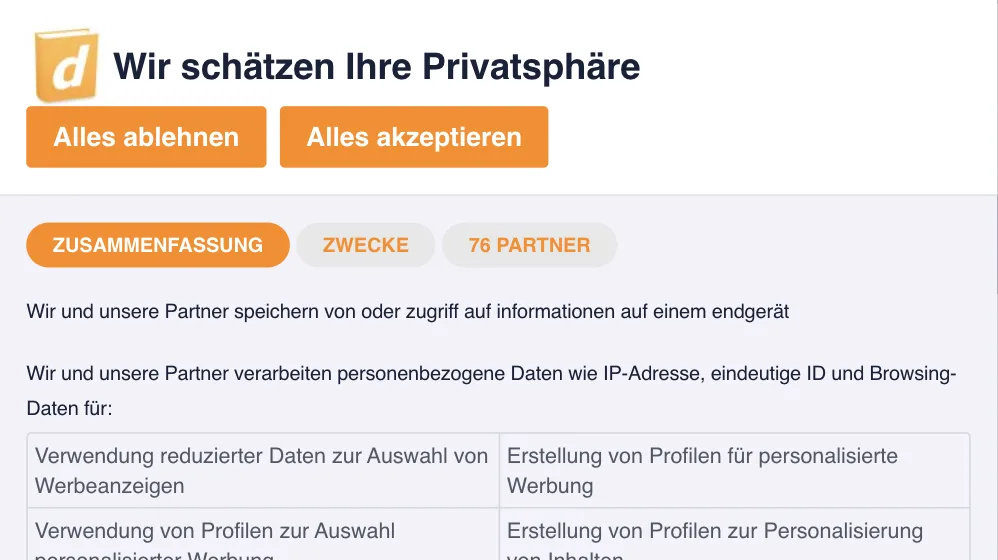 dict.cc-Einwilligungsdialog „Wir schätzen Ihre Privatsphäre“ mit den Knöpfen „Alles ablehnen“ und „Alles akzeptieren“ gleichrangig oben, Reiter „76 Partner“