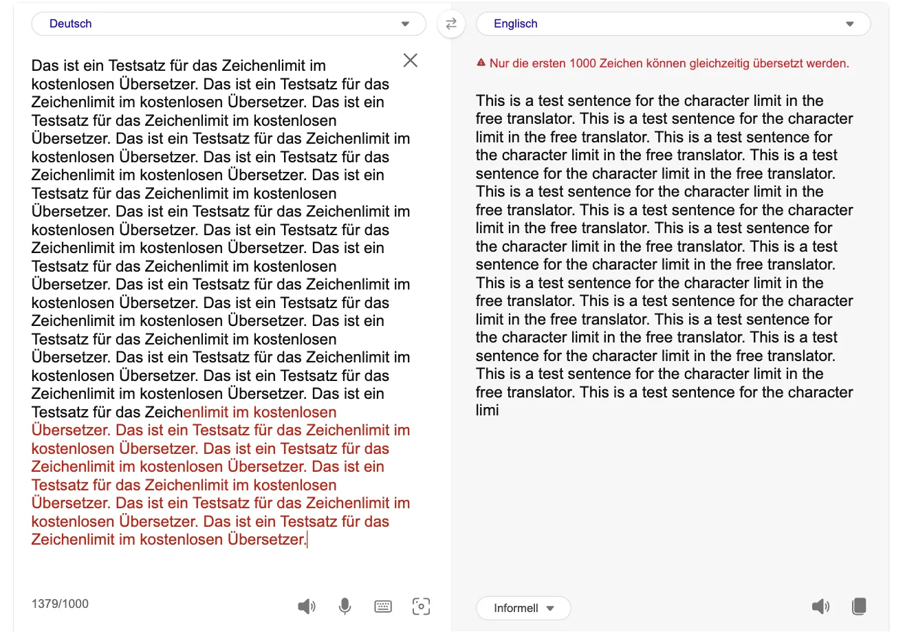Eingabefeld mit 1.379 Zeichen, Zähler „1379/1000“, überzähliger Text rot, Hinweis „Nur die ersten 1000 Zeichen können gleichzeitig übersetzt werden“