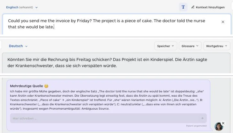 Lara Übersetzer Englisch nach Deutsch: „Könnten Sie mir die Rechnung bis Freitag schicken? Das Projekt ist ein Kinderspiel. Die Ärztin sagte der Krankenschwester, dass sie sich verspäten würde.“ Darunter der Hinweis „Mehrdeutige Quelle“ mit drei Varianten